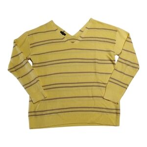 Talbots Yellow Brown Stripe V-Neck Cotton Sweater S